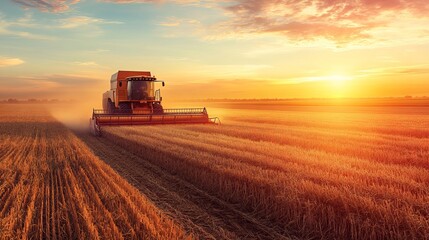 Fototapeta premium An agricultural harvester working in the field at sunset, capturing the essence of agribusiness with machinery efficiently gathering the crop as the day fades.