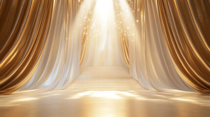 gold background with stage curtains, light shining through the curtain, stairs leading to heaven in the center, golden and white colors, soft tones, luxurious fabric texture