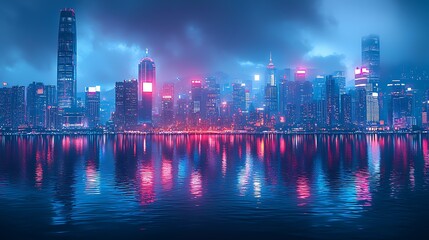A neon city skyline at night with reflections in the water, blending urban lights with serene waters.