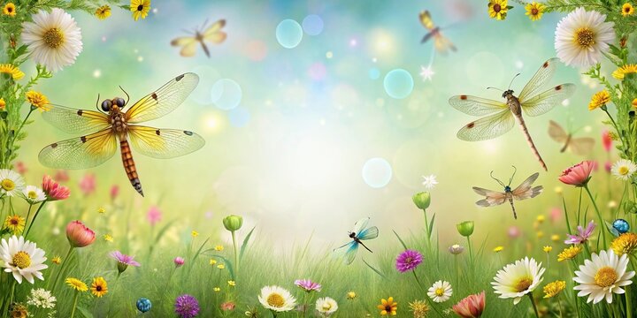 Background frame with blooming meadow flowers and dragonflies