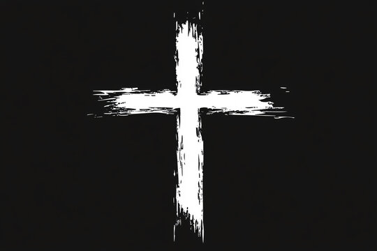 A rough white cross painted against a black background evoking simplicity spirituality and a bold visual religious symbol  
