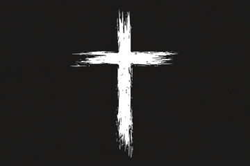 White cross on a black background with rough paint texture A white cross painted with rough strokes on a plain black background, symbolizing faith, spirituality, and simplicity