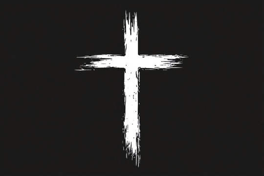 White cross on a black background with rough paint texture A white cross painted with rough strokes on a plain black background, symbolizing faith, spirituality, and simplicity