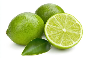 Two limes and a sliced half with green leaves.
