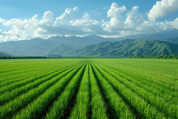 Beautiful Landscape of Agrofield with Smooth Stripes Against a Background of Blue Sky in the Mountains. Green Wheat Field. Agriculture Concept.