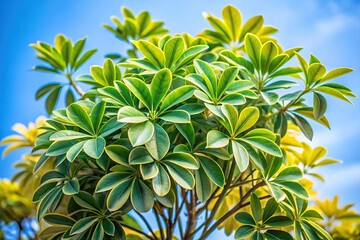 Obraz premium Background of dwarf umbrella tree with green and pale yellow leaves Low Angle
