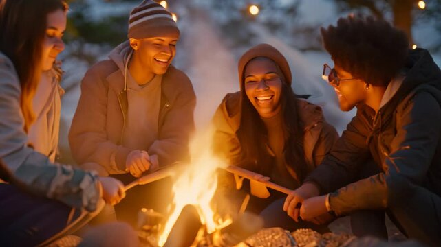 Four friends enjoy a cozy evening around a campfire, roasting marshmallows and laughing together, A group of friends roasting marshmallows over a campfire