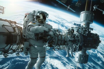 Astronaut in a spacesuit working on the International Space Station with the Earth in the background.