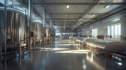 Obraz premium A modern stainless steel brewery production facility, reflecting precision and high-tech manufacturing.
