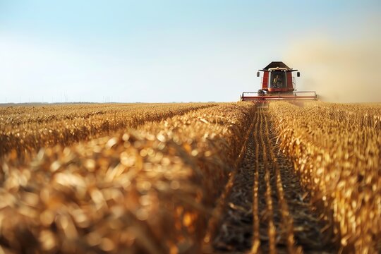 A combine harvester is harvesting a field of wheat. The combine is cutting the wheat stalks and threshing the grain. The grain is then collected in a hopper on the combine.