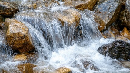 A close-up of a waterfall with crystal-clear water cascading over rocks, capturing the motion and texture.
