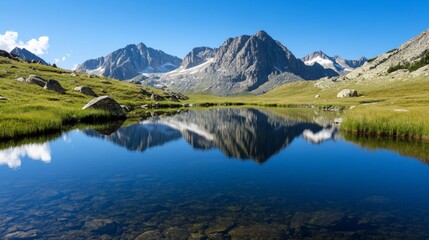 Mirror Lake Reflection, tranquil waters perfectly mirroring majestic mountain peaks, creating a serene and picturesque landscape of nature's splendor.