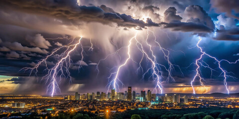 Thunderstorm with lightning striking a distant city skyline, extreme weather, electrifying atmosphere