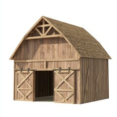 Naklejka premium 3D Render of a wooden barn with large double doors and a hayloft, on isolated white background