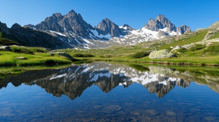 Fototapeta premium Mirror Lake Reflection, serene body of water reflecting majestic mountain peaks, surrounded by lush greenery, creating a tranquil and picturesque landscape scene.