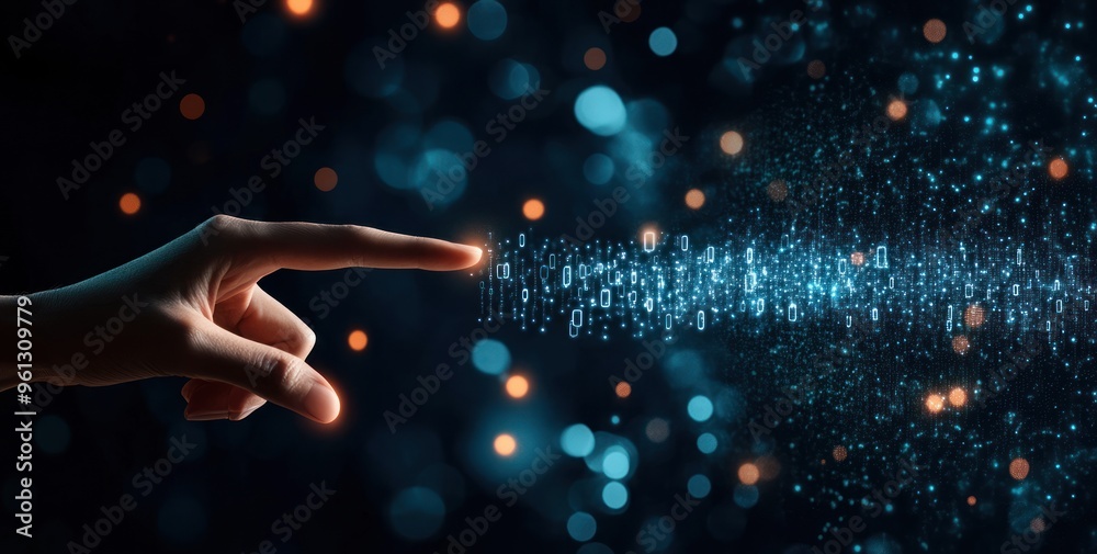 Poster digital connection: hand reaching towards binary code
