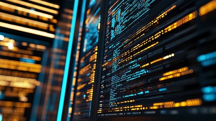 Lines of code displayed on computer screens in a data center, used for troubleshooting and upgrading hardware, with close-up views of scripts running on PC monitors among server racks.