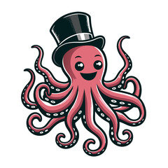 Cheerful Octopus Wearing a Top Hat Head Mascot