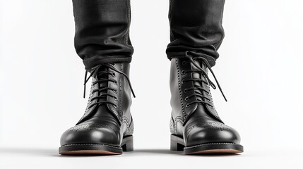 Pair of black leather dress boots for men, including black brogue boots displayed on a white background, with a man&rsquo;s legs in black jeans showcasing the stylish footwear.