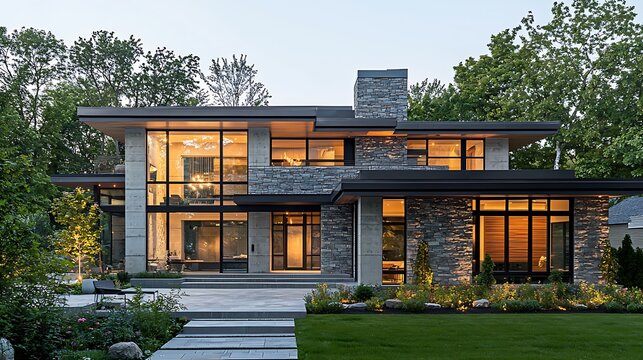 A modern stone and glass house with lush landscaping, blending sleek architecture with nature.