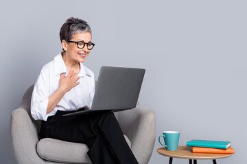 Photo portrait of nice retired female sit armchair netbook wear trendy formalwear outfit isolated on gray color background