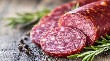 A classic smoked salami sausage, seasoned with spices. The sausage is sliced and arranged with rosemary. There's plenty of room for you to add your own message.