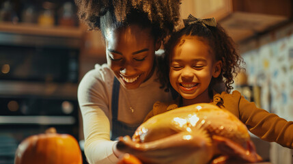 A mother and a daughter are preparing a Thanksgiving turkey together in a kitchen. Background for the Thanksgiving seasonal celebration.