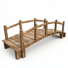 Fototapeta premium 3D Render of a wooden bridge with railings and support beams, on isolated white background