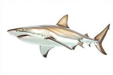 metallic textured 3D rendering of a shark swimming against a white background showing sleek details and smooth design