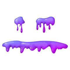 Colorful dripping slime in cartoon. Mucus splashes and liquid drop. Toxic splash, sticky slimy element. Vector illustration isolated on white background
