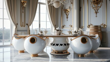 A luxurious dining table set in an opulent, classical interior with elegant gold accents and white furniture. Sunlight streams through large windows, highlighting the exquisite details of the room.