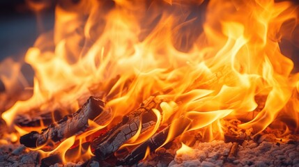 Fototapeta premium Fire flame on burnt wood, coal close-up. A hot fire inside the fireplace.