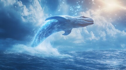 Fototapeta premium A digital art showcasing a holographic projection of a Mosasaurus a prehistoric marine reptile leaping dramatically out of a futuristic technologically advanced ocean scene