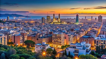 Fototapeta premium Barcelona cityscape at blue hour featuring skyline and evening lights