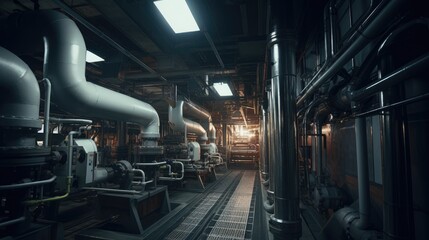 Fototapeta premium The inside of an industrial plant with many pipes and machinery. Large metal pipes are connected by various valves and devices. The atmosphere is tense.