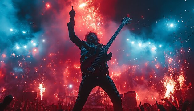 Rock star on stage, making the rock hand gesture, with electric guitar in hand, surrounded by pyrotechnics and a roaring crowd, bright stage lights