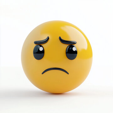 A cute sad emoji face with big eyes and frown on plain white background evokes sense of melancholy.