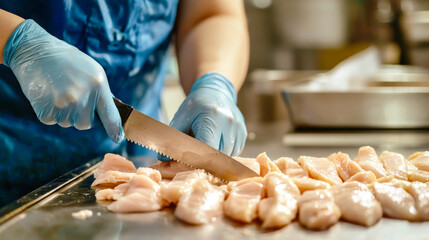 In a bustling factory, a worker in a blue apron and rubber gloves meticulously slices chicken fillets, highlighting the care taken in food processing and hygiene