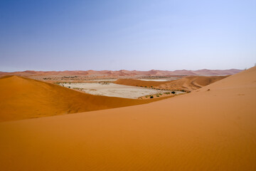 Panoramic view of the vast sand dunes and dry clay pans of Sossusvlei, Namibia. The orange dunes stretch endlessly under a clear blue sky, offering a stunning desert landscape.