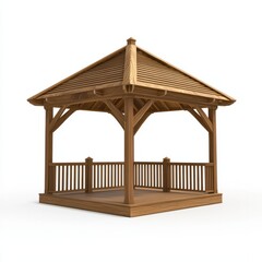 3D Render of a wooden pavilion with open sides and a slatted roof, on isolated white background