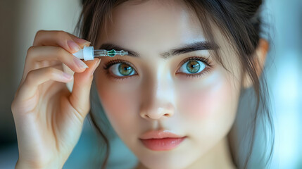 Obraz premium A young woman applying serum to her face with a dropper.