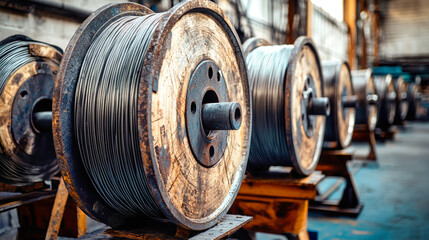 Heavy industrial cables rest on wooden stands, revealing their solid structure and wear, set in a rustic workshop filled with character and purpose