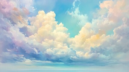 Pastel Serenity, soft pastel clouds drift gently across a tranquil sky, evoking a sense of calm and peacefulness in a serene atmosphere.