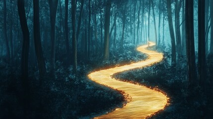 Fototapeta premium Luminous Trail Through Minimalist Woods, a serene pathway illuminated by soft light, inviting exploration amidst the simplicity of an enchanting forest landscape.