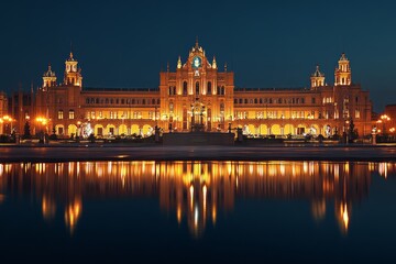 Obraz premium Plaza de Espana, Seville illuminated at night. Andalusia, Spain. Cultural and tourism...