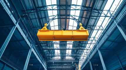 A yellow lifting block is prominently featured as it hangs from rails inside a modern hangar with a sleek steel roof