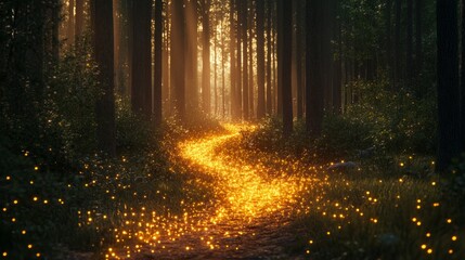 Fototapeta premium Luminous Trail Through Enchanted Woods, a serene pathway illuminated by soft light, guiding wanderers through a tranquil, sparse forest landscape rich in ethereal beauty