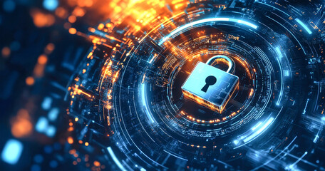 A dynamic composition features a padlock at the center, symbolizing digital security amidst glowing technology rings in a cybernetic landscape