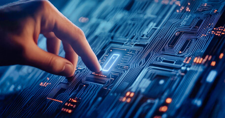 A business professional activates a virtual lock icon on a circuit board, showcasing the importance of cybersecurity in today's digital age