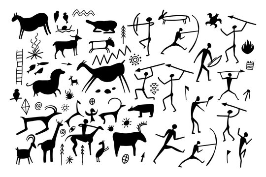 Cave painting on stone, ancient wall of prehistoric humans, animals, weapons. Primitive men and woman of tribe silhouette illustration. Vector caveman art background
